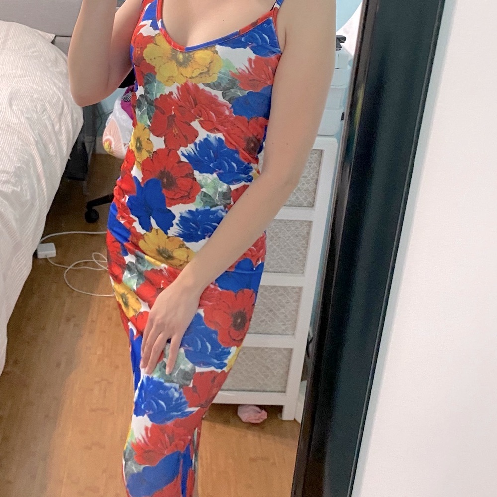 Missguided Floral Midi Dress - Red, Blue, Yellow